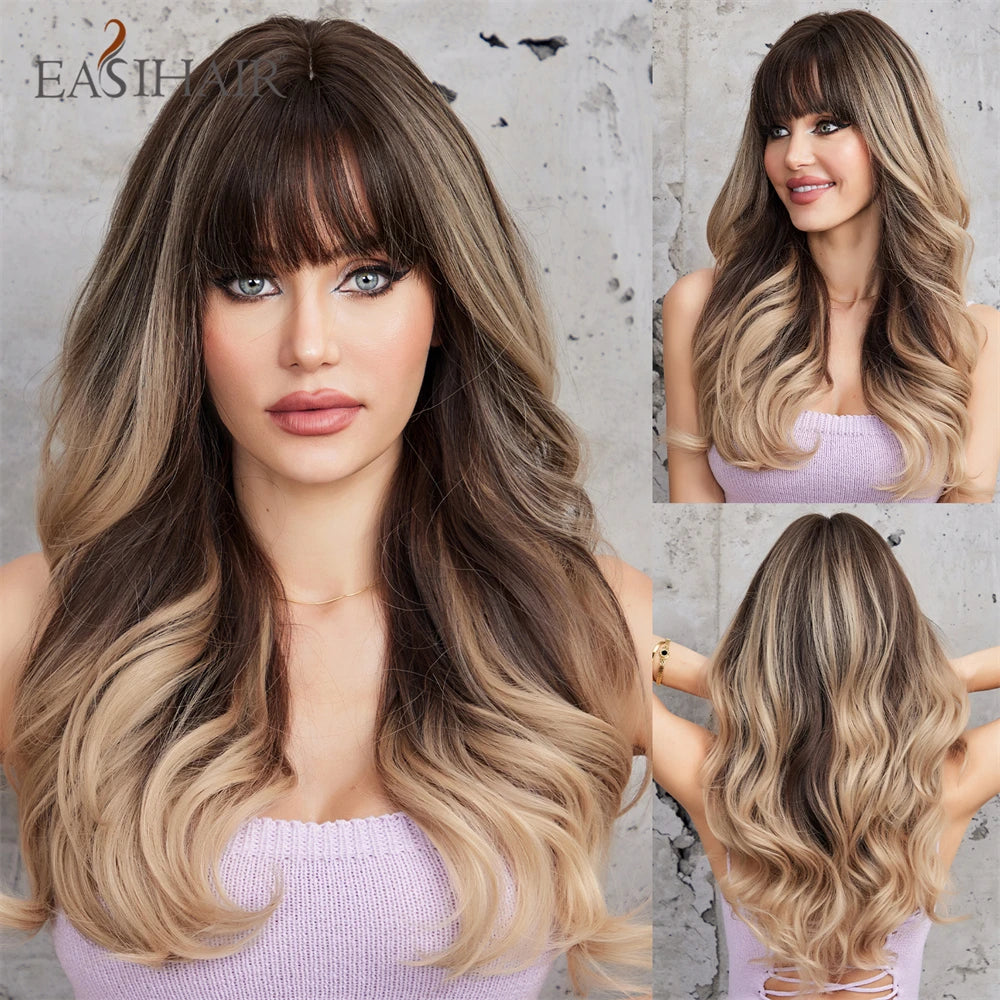 Ombre Light Brown Wigs with Bangs Blonde Highlight Long Curly Wavy Synthetic Wigs for Women Daily Cosplay Party Heat Resistant