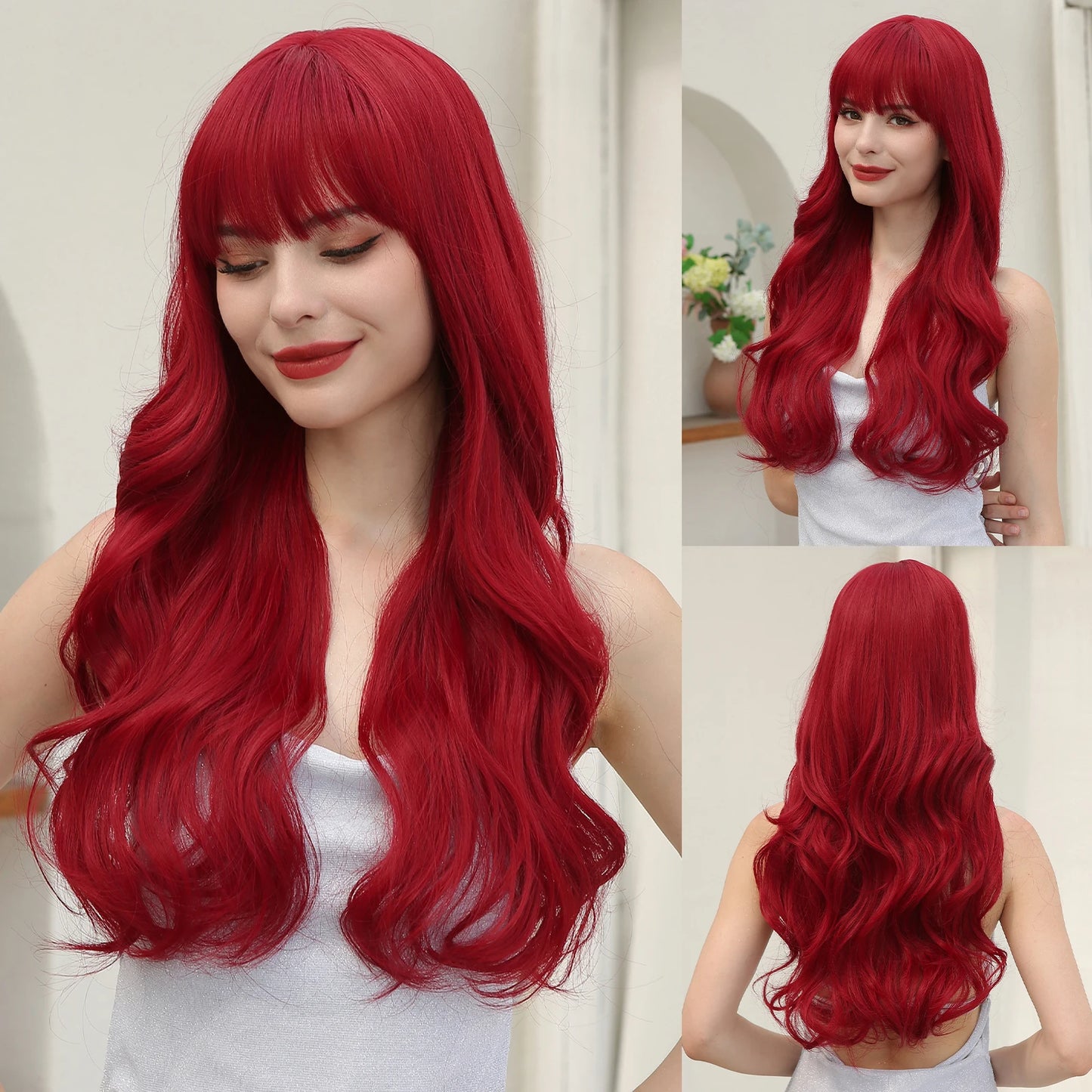 LOUIS FERRE Dark Brown Long Wavy Natural Hair Women's Synthetic Wig With Bangs Long Water Wave Daily Cosplay Hair Heat Resistant