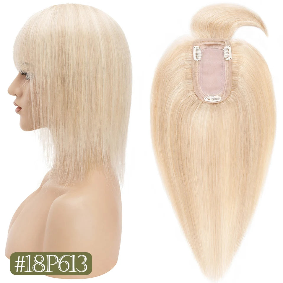 TESS Women Topper 7x12.5cm Hair Toppers With Bangs Natural Hair Wig Human Hair Silk Base Center Part Hair Clip In Hair Extension