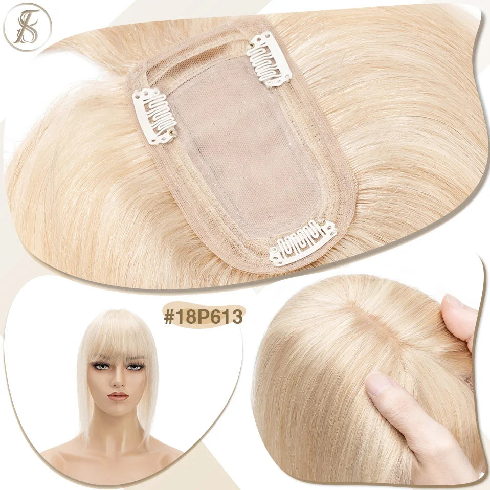 TESS Women Topper 7x12.5cm Hair Toppers With Bangs Hair Clips Natural Hair Wigs 100% Human Hair Silk Base Clip In Hair Extension