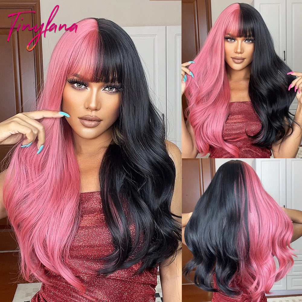 Pink Red Long Curly Wavy Synthetic Wigs Lolita Cosplay Hair With Bangs for Women Natural Water Wave Party Heat Resistant Wig