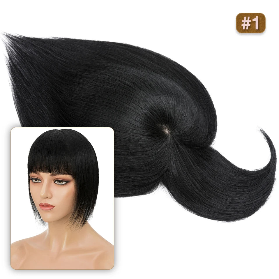 S-noilite 8.5x8.5cm Hair Topper Human Hair Cilp Center Crown Wig With Bangs Clip In Natural Hair Extension Hair Vortex Hairpiece