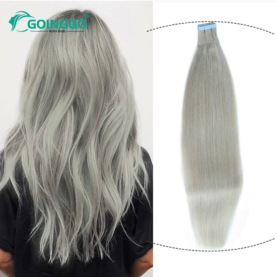 Straight Sliver Grey Human Hair Tape In Extensions Skin Weft Adhesive Tape In Grey Remy Hair Tape Extension 20Pcs/Set 50g 26Inch
