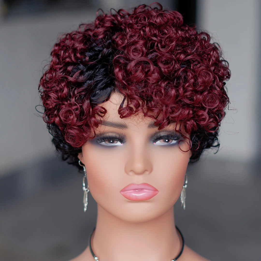 6inch Short Curly Wigs T1B/99J None Lace Front Human Hair Wigs with Bangs 180% Density Machine Made Pixie Cut Curly Wave Wig