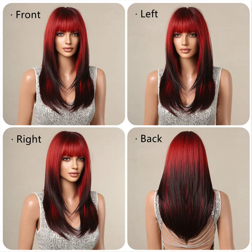 HENRY MARGU Ombre Red to Black Synthetic Wigs with Bangs Long Straight Layered Wig Colored Party Heat Resistant Hair for Women