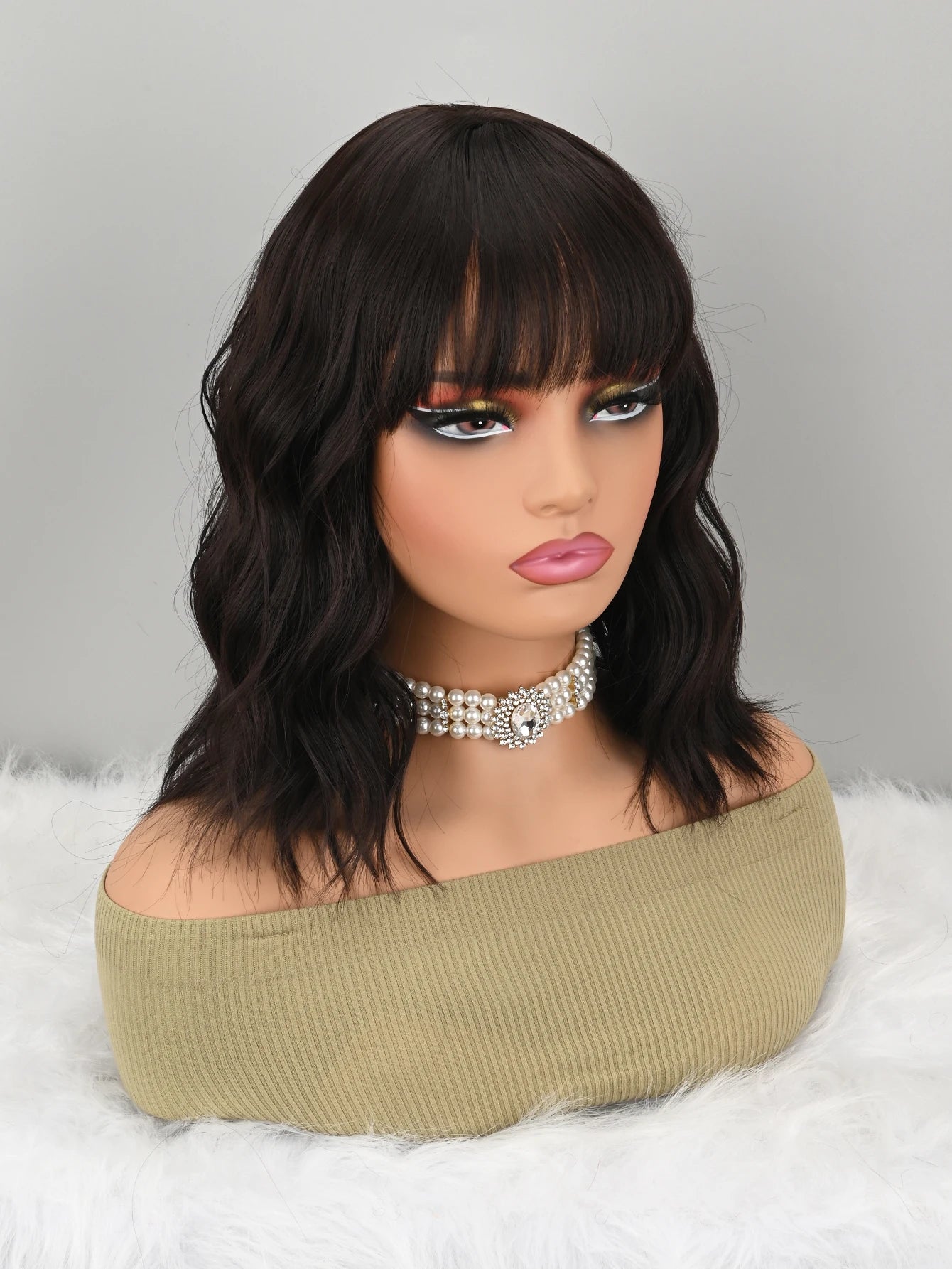 Natural Brown Synthetic Curly Wavy Bob Wig with Bangs for Women