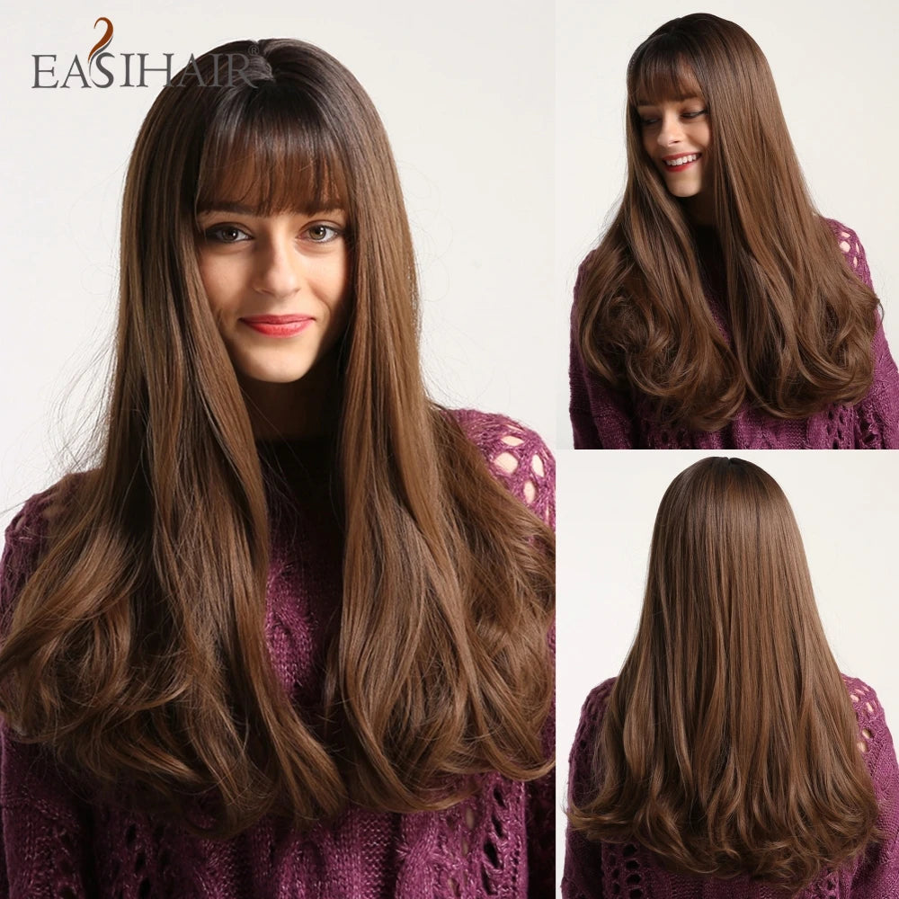 Dark Brown Synthetic Wigs with Bangs Long Curly Wavy Brown Wigs with Blonde Highlights for Afro Women Daily Party Heat Resistant