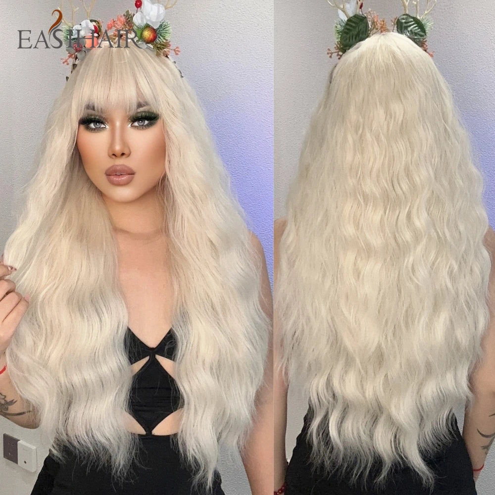 Dark Brown Synthetic Wigs with Bangs Long Curly Wavy Brown Wigs with Blonde Highlights for Afro Women Daily Party Heat Resistant