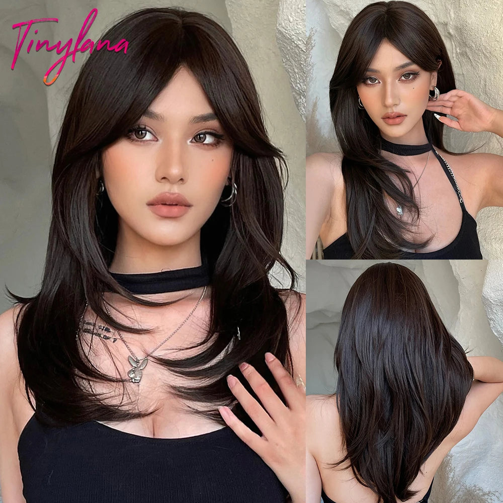 Long Brown Blonde Straight Synthetic Wig with Bangs Brown Ombre Cosplay Layered Wigs for Women Party Heat Resistant Natural Hair