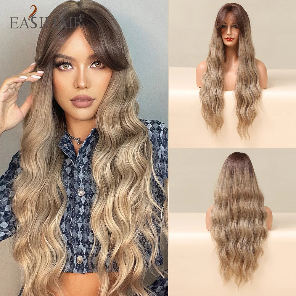 EASIHAIR Brown Black Kinky Curly Wave Synthetic Wigs with Bangs Deep Wave Long Hair Wigs for Women Daily Cosplay Heat Resistant