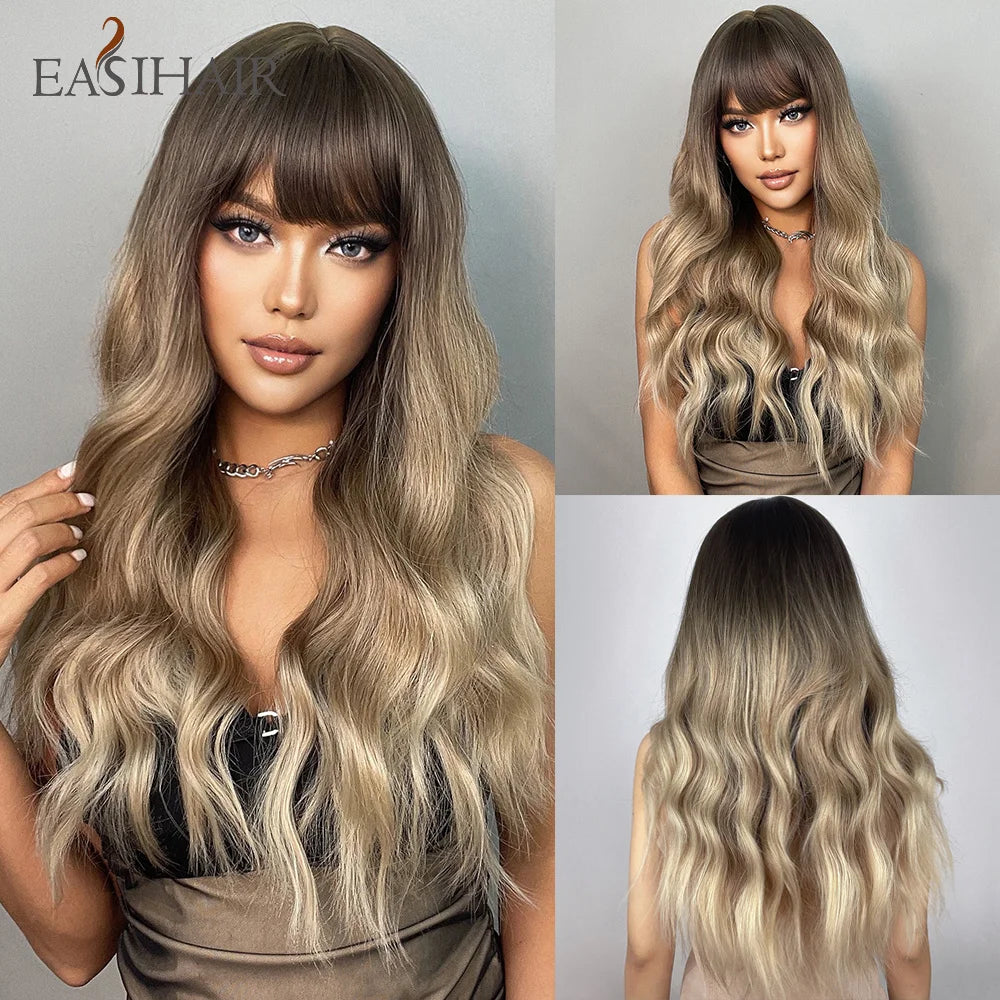 EASIHAIR Brown Black Kinky Curly Wave Synthetic Wigs with Bangs Deep Wave Long Hair Wigs for Women Daily Cosplay Heat Resistant