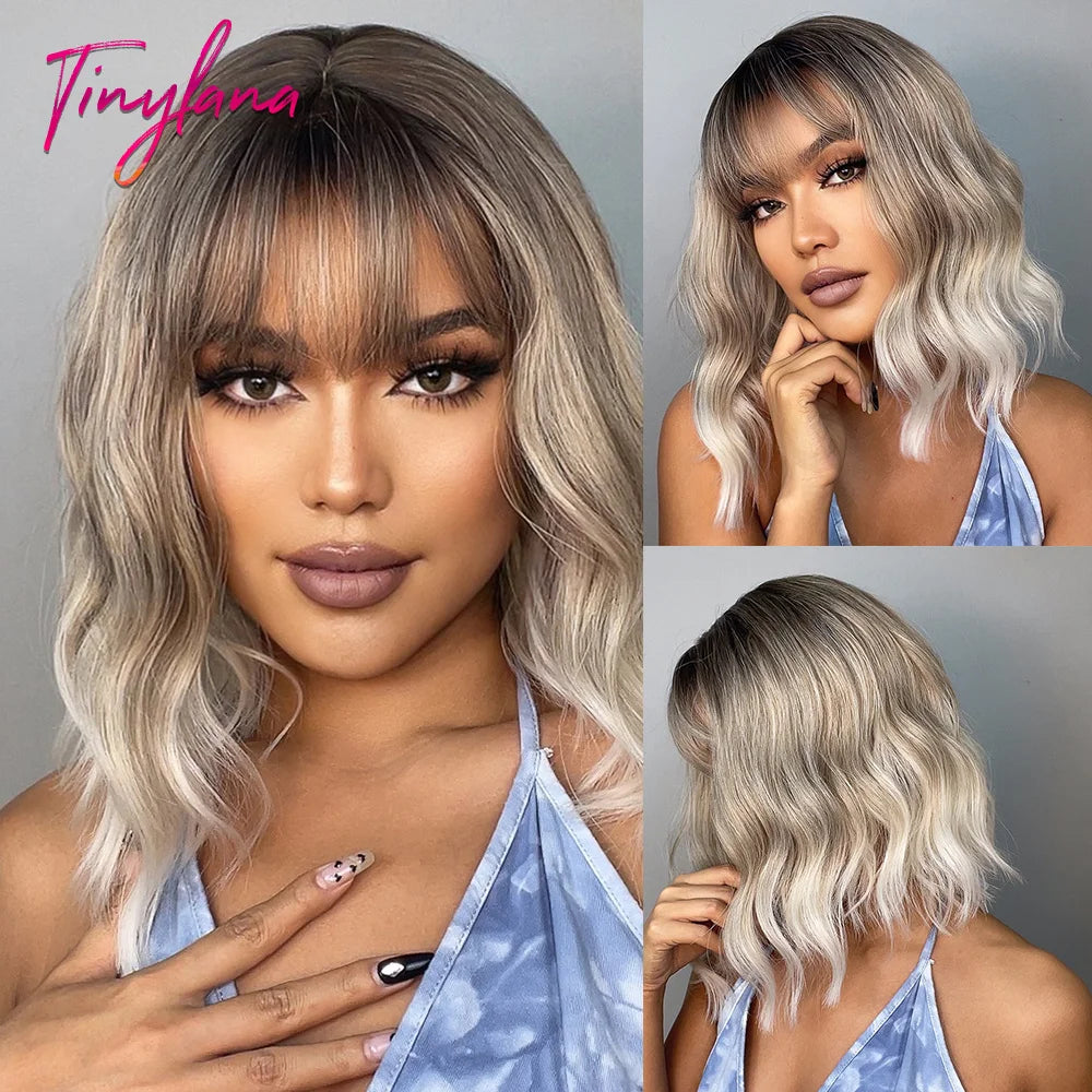 Bob Blue Curly Wavy Wigs with Bangs Short Colorful Cosplay Wigs for Women Afro Halloween DaiIy Natural Heat Resistant Fake Hair