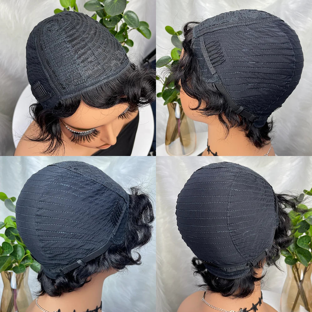 Short Pixie Cut Wigs For Black Women Finger Ocean Wave Human Hair Wigs With Bangs Short Layered Pixie Wigs Full Machine Made Wig