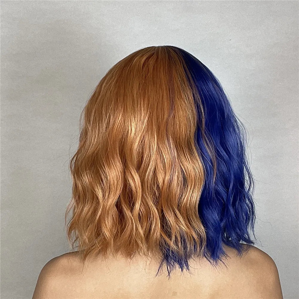 HENRY MARGU Short Half Black And Half White Wig Curly Wavy Shoulder Length Synthetic Hair Cosplay Wig with Bangs for Halloween