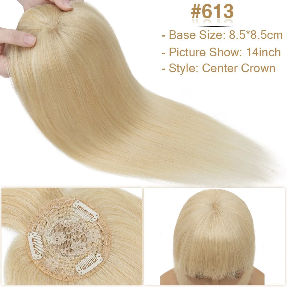 S-noilite 8.5x8.5cm Hair Topper Human Hair Cilp Center Crown Wig With Bangs Clip In Natural Hair Extension Hair Vortex Hairpiece
