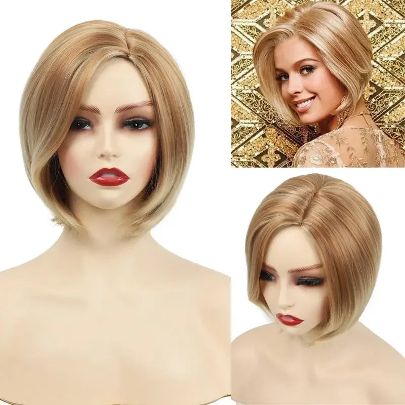 Women's Fashion Wig Natural Brown Short Bob Hair Wig with Side Bangs Daily Party Wigs for Women Female Heat Resistant Fake Hair