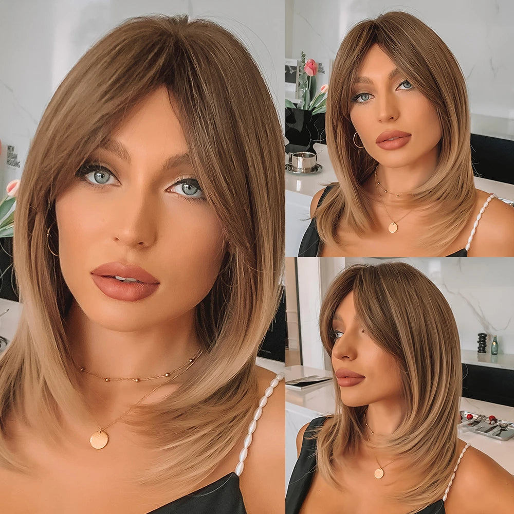 HENRY MARGU Brown Short Bob Straight Wigs with Pink Highlight Women Brown Daily Wig Synthetic Hair Wig with Bangs Heat Resistant