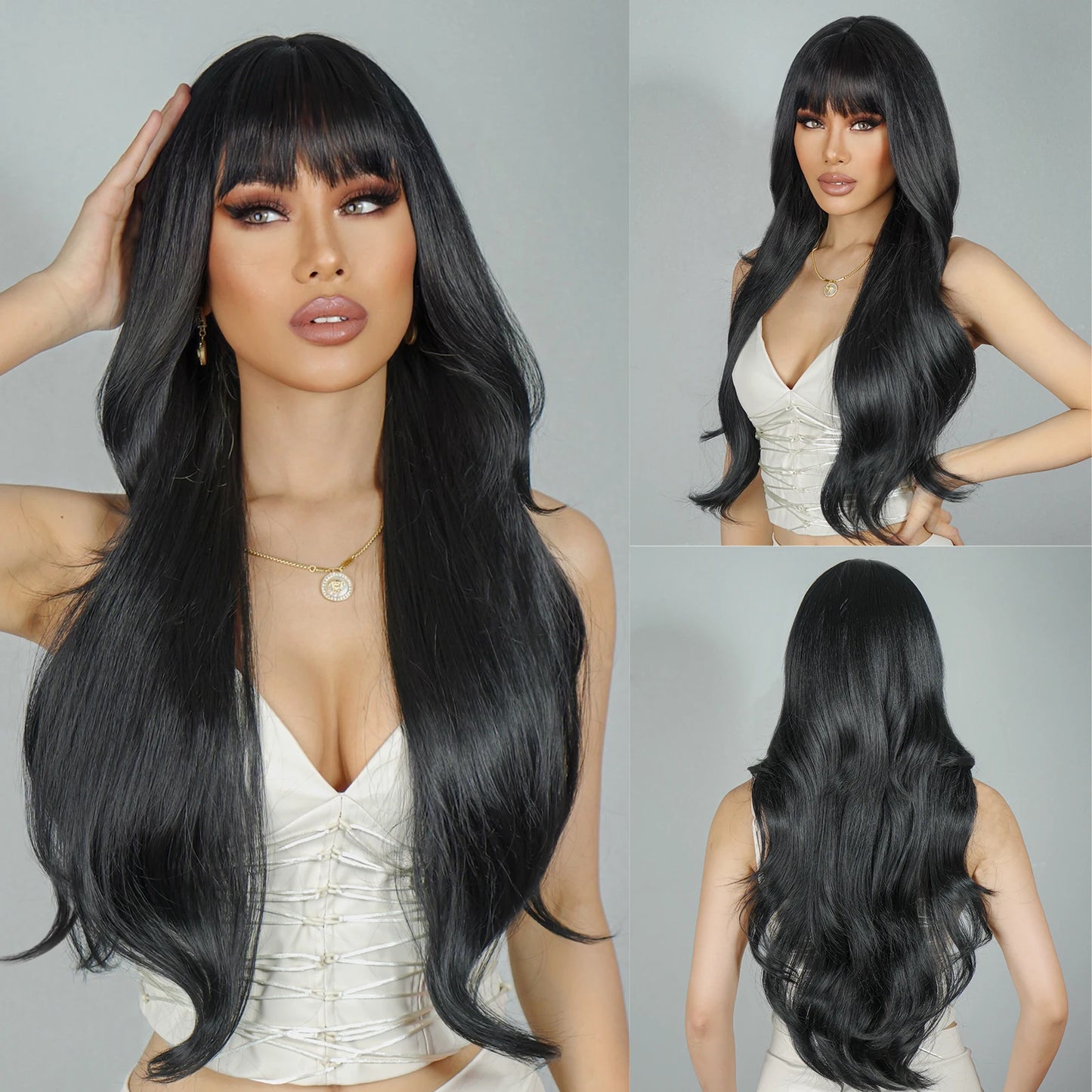 HENRY MARGU Long Natural Wavy Platinum Blonde Wigs with Bangs Cosplay Party Lolita Synthetic Wigs for Women Heat Resistant Fiber