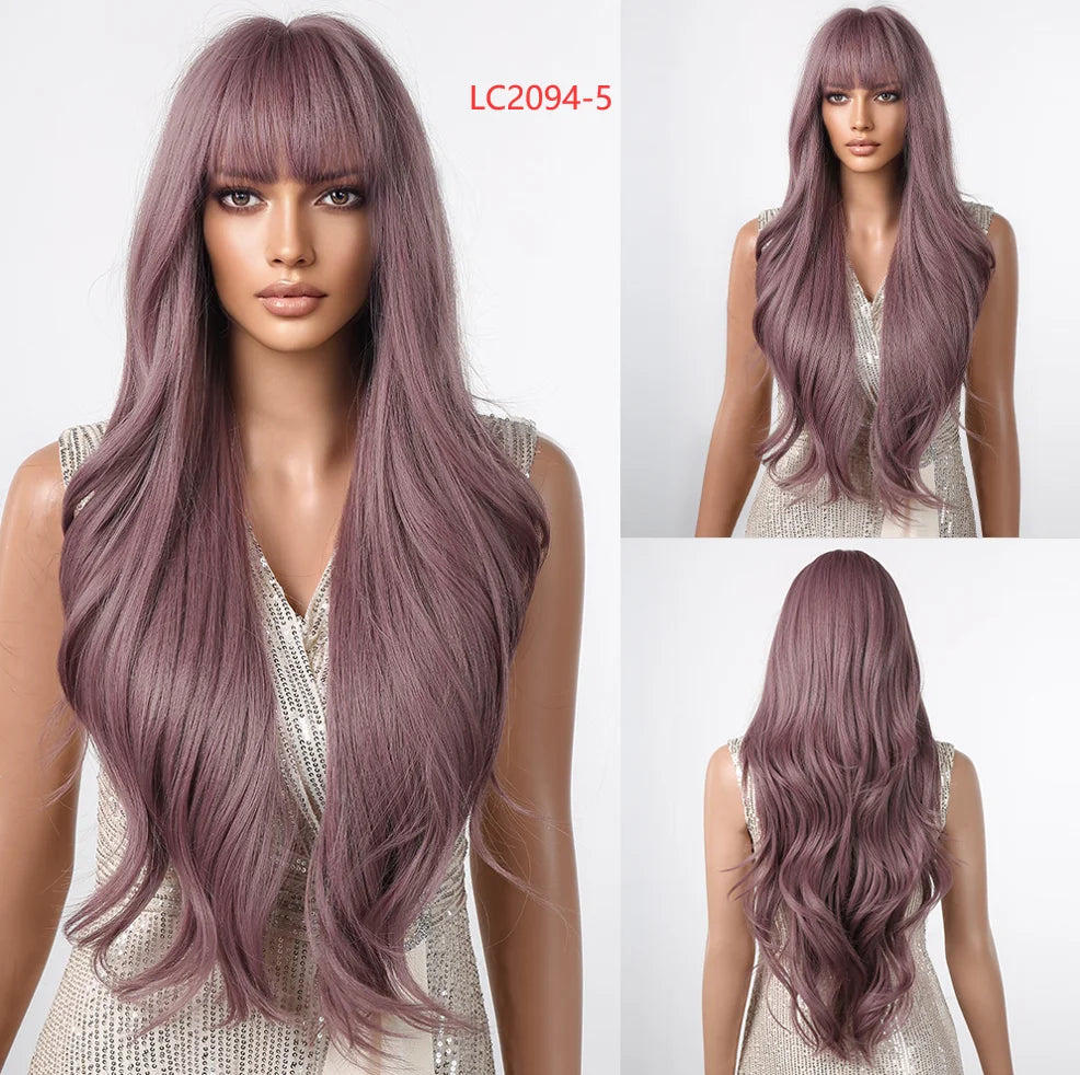 Pink Red Long Curly Wavy Synthetic Wigs Lolita Cosplay Hair With Bangs for Women Natural Water Wave Party Heat Resistant Wig