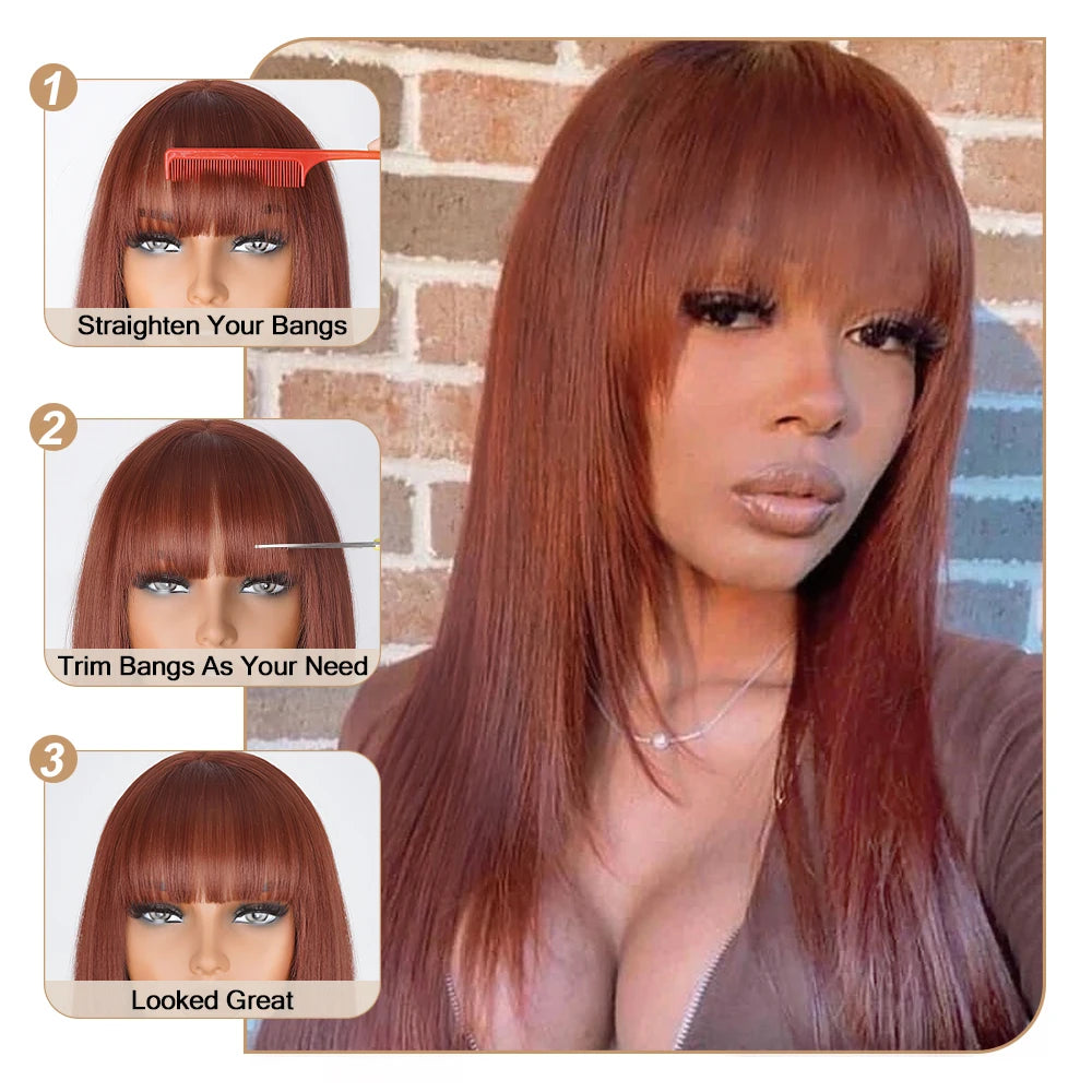 Reddish Brown Straight Layered Cut Lace Wigs with Bangs HD Lace Fake Scalp Synthetic Natural Layered Lace Front Wig Glueless Wig