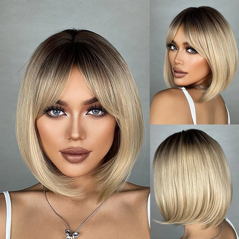 HENRY MARGU Ombre White Blonde Bob Synthetic Wig Short Straight with Bangs Natural Hair Wig for Women Cosplay Wig Heat Resistant