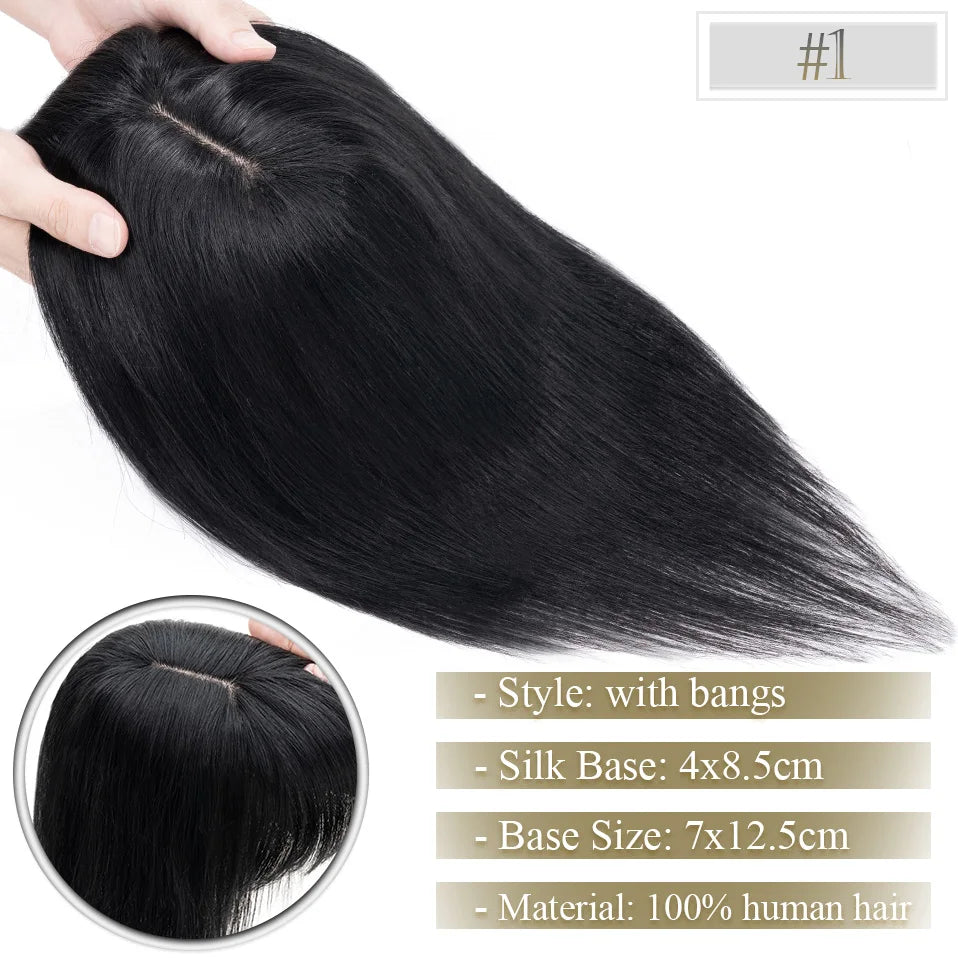 TESS Women Topper 7x12.5cm Hair Toppers With Bangs Natural Hair Wig Human Hair Silk Base Center Part Hair Clip In Hair Extension