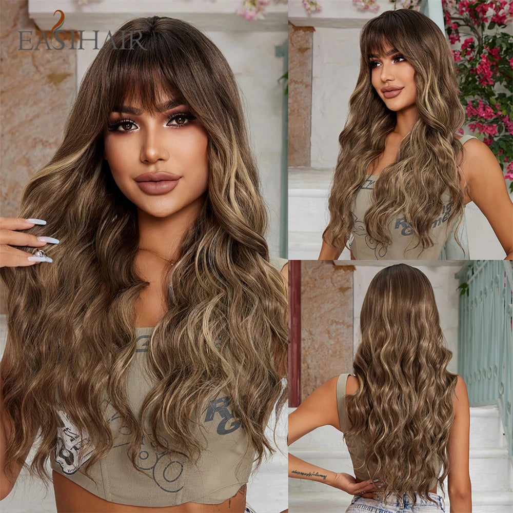 Dark Brown Synthetic Wigs with Bangs Long Curly Wavy Brown Wigs with Blonde Highlights for Afro Women Daily Party Heat Resistant