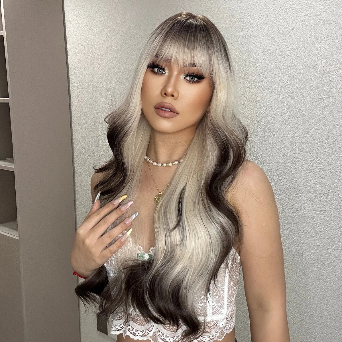 ALAN EATON Ombre Blonde Brown Wave Synthetic Wig Long Natural Looking Hair Wigs with Bangs for Women Daily Heat Resistant Fiber