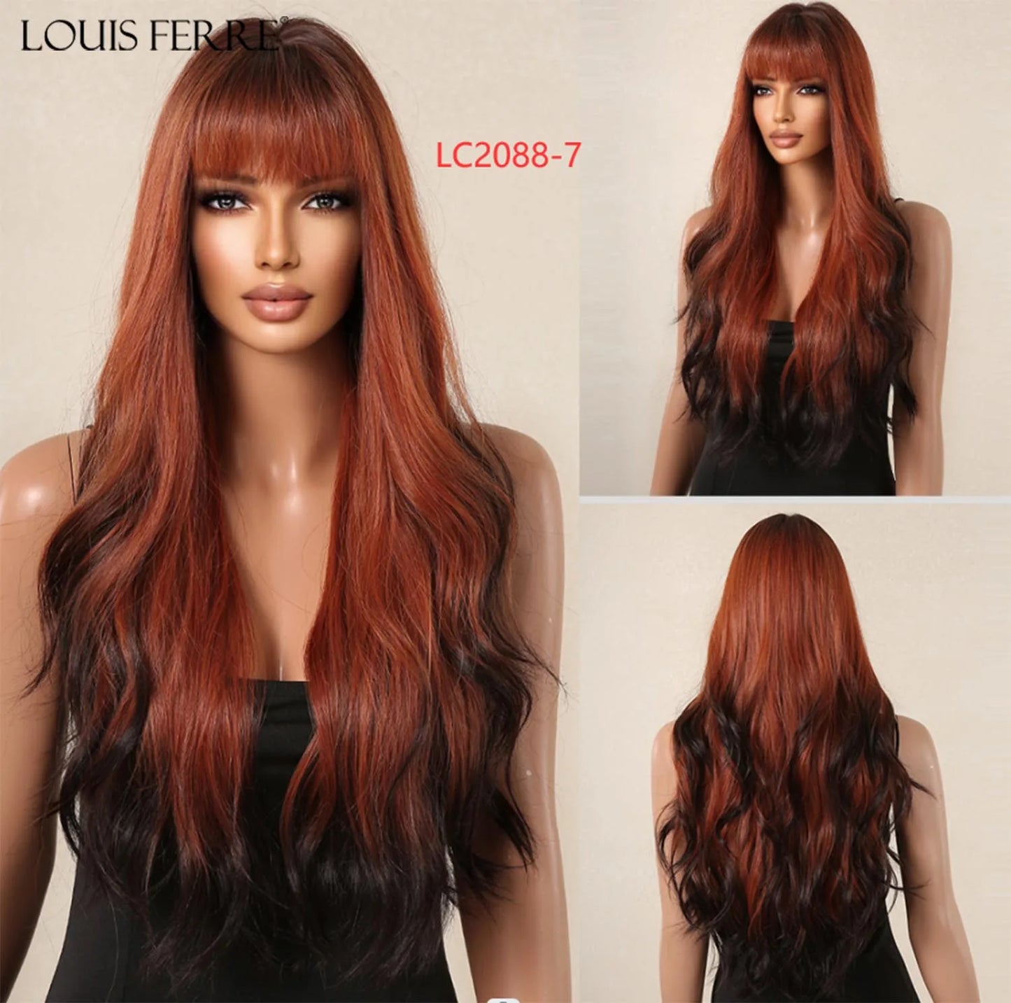 LOUIS FERRE Dark Brown Long Wavy Natural Hair Women's Synthetic Wig With Bangs Long Water Wave Daily Cosplay Hair Heat Resistant