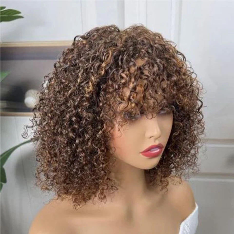 Jerry Curly Short Bob Human Hair Wigs With Bangs Wear To Go Glueless Wig Ombre 99J Water Wave Blonde Colored Wig For Women