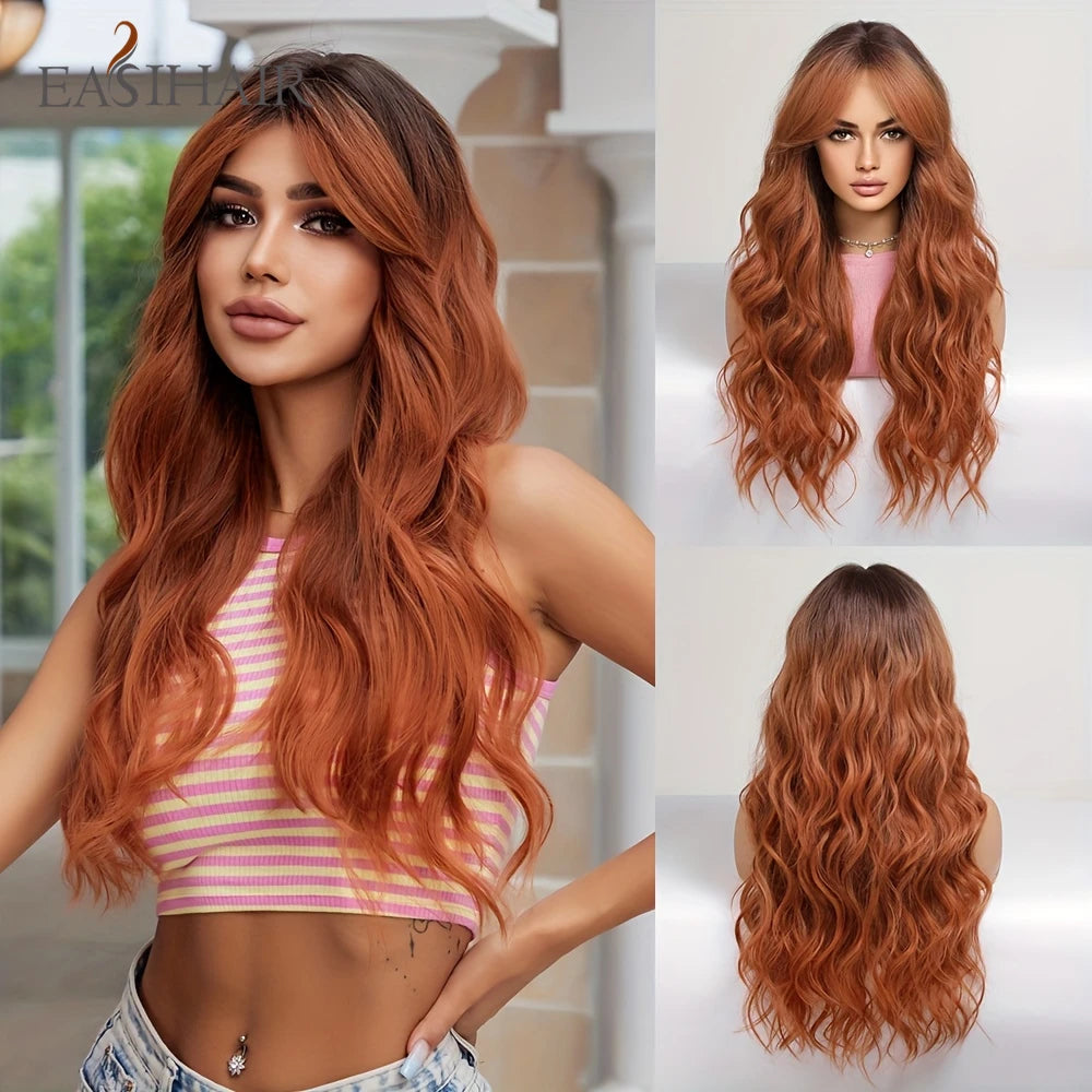 Ombre Light Brown Wigs with Bangs Blonde Highlight Long Curly Wavy Synthetic Wigs for Women Daily Cosplay Party Heat Resistant