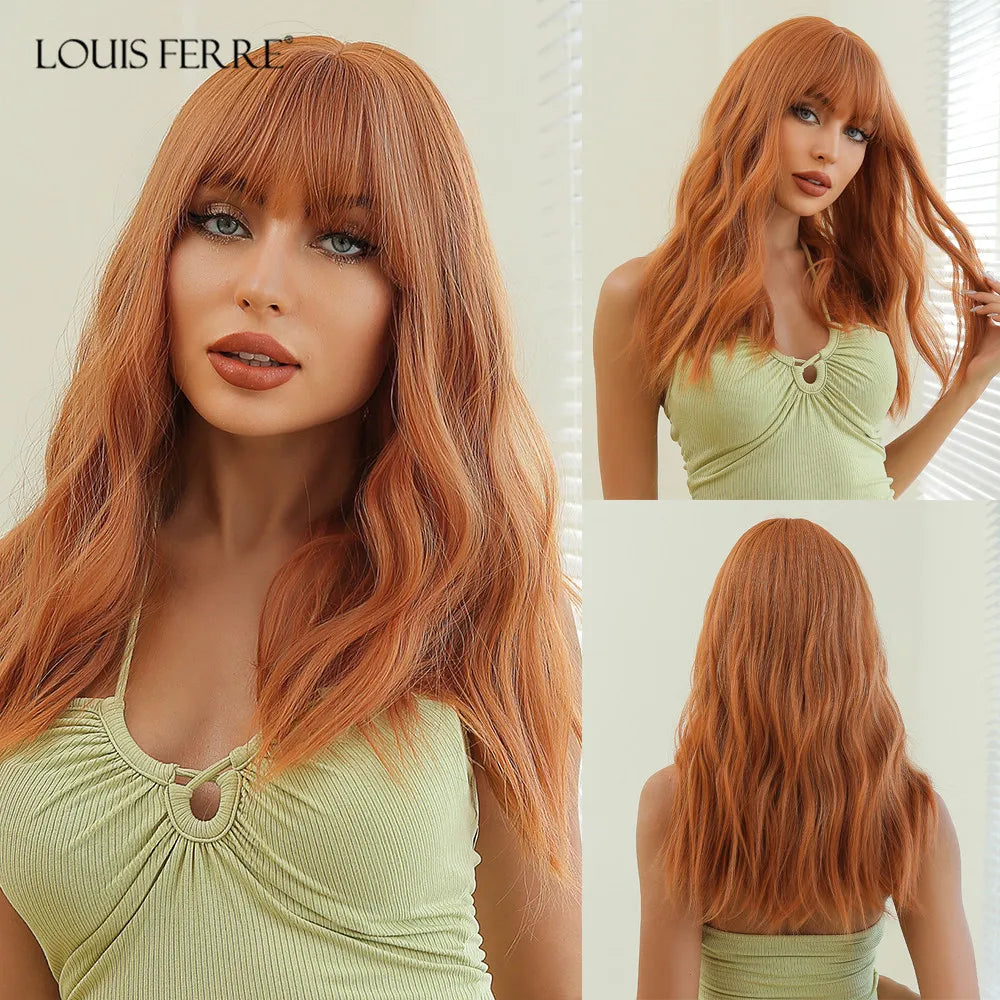 LOUIS FERRE Synthetic Black Green Ombre Long Wavy Curly Wig for Women Natural Hair With Bangs Cosplay Party Heat Resistant Wig