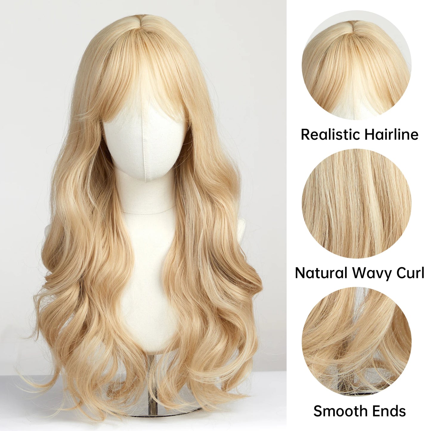 EASIHAIR Sandy Blonde Golden Wavy Synthetic Wigs with Long Bangs Cosplay Lolita Party Hair Wigs for Women Natural Heat Resistant