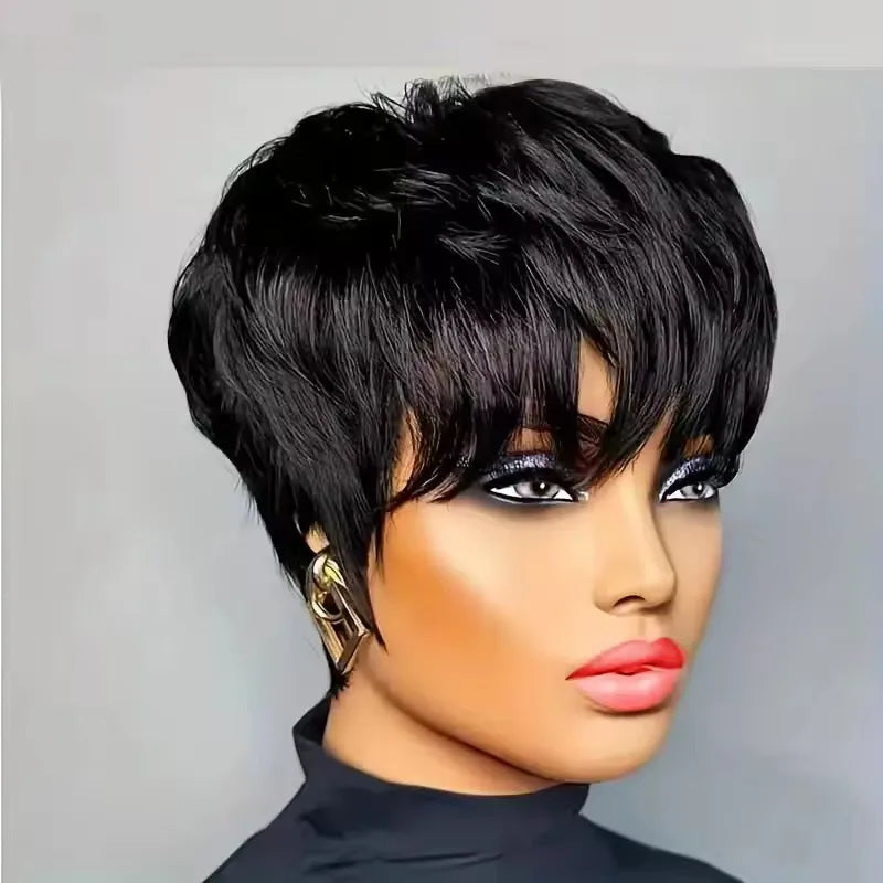 Pixie Cut Wigs Human Hair Short Bob Wig With Bangs Layered Pixie Cut Wig Brazilian Human Hair Full Machine Made Wig  For Women