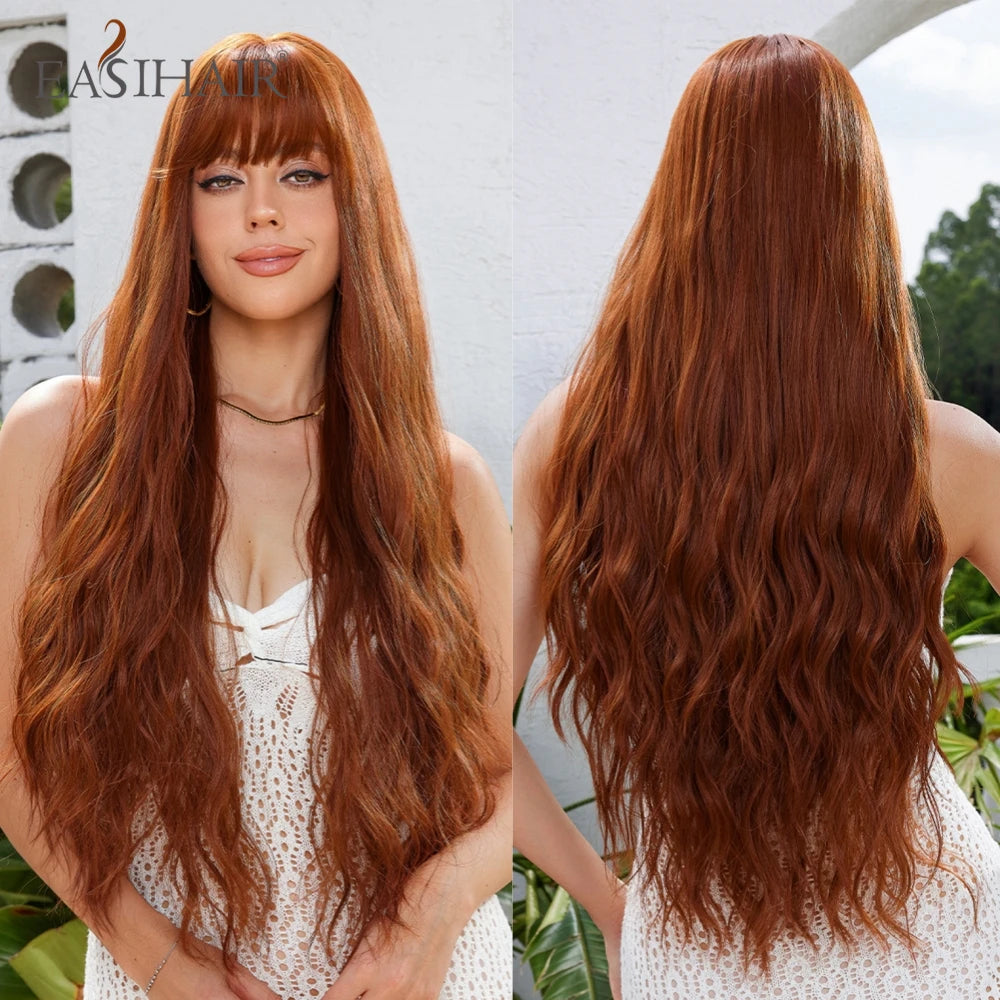 Dark Brown Synthetic Wigs with Bangs Long Curly Wavy Brown Wigs with Blonde Highlights for Afro Women Daily Party Heat Resistant