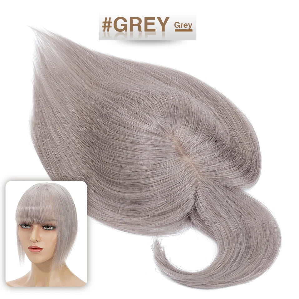 S-noilite Women Toppers Hair With Bangs Human Hair 7x13cm Silk Base Hair Cilp Wig Clip In Hair Extensions Hairpiece Natutal Hair