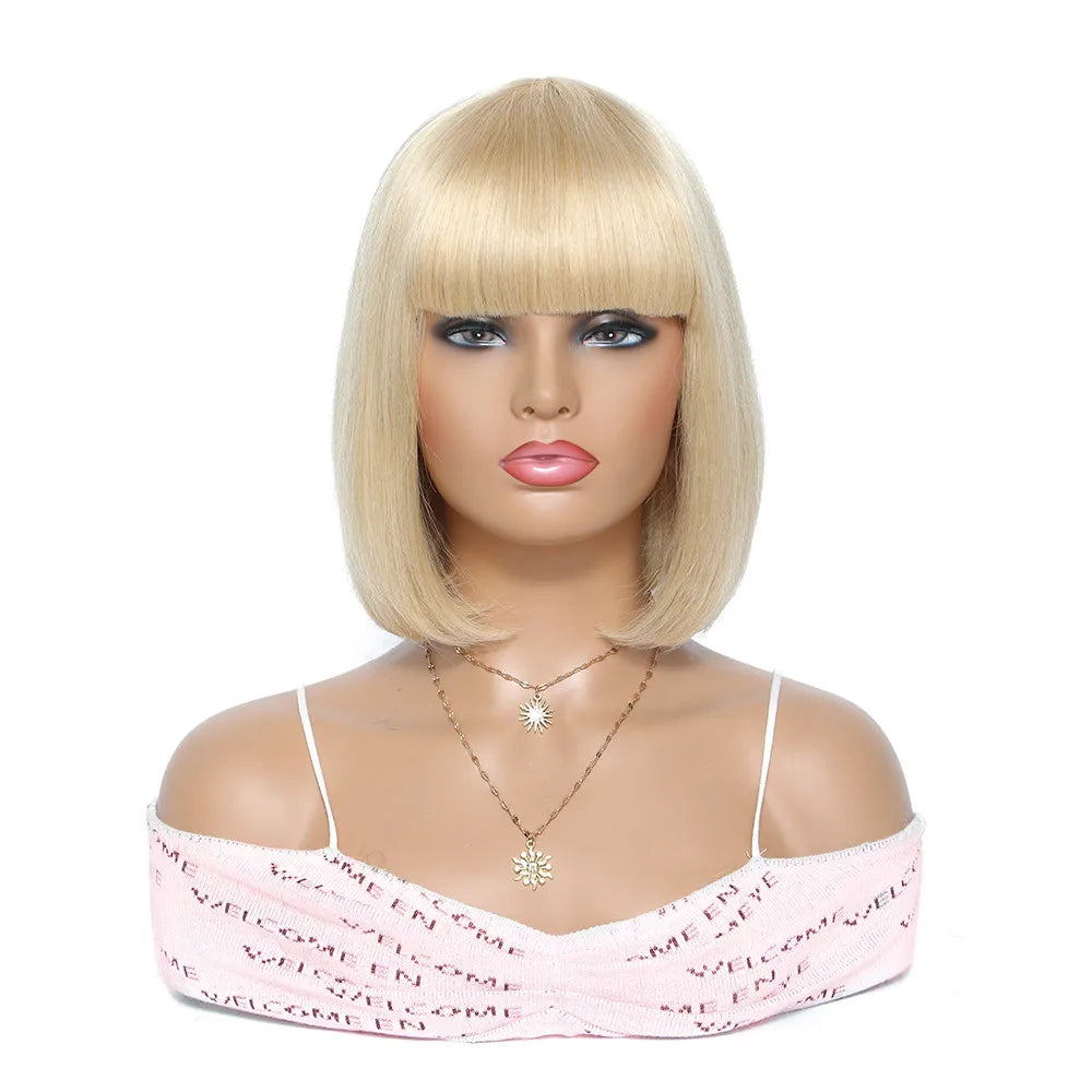 Straight Bob Human Hair Wigs With Bangs Short Brazilian Human Hair 150density For Woman No Lace Full Machine Made Human Hair Wig
