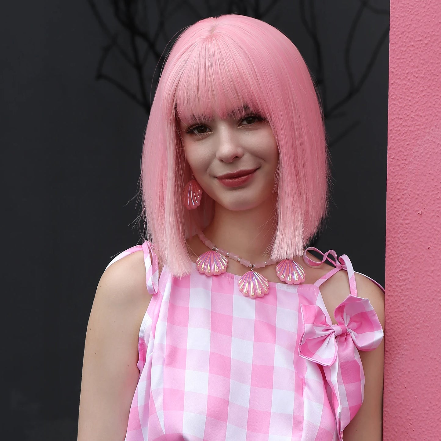 LOUIS FERRE Short Light Pink Bob Wigs With Bangs Natural Synthetic Wigs for Women Daily Cosplay Hair Heat Resistant Fibre Wig