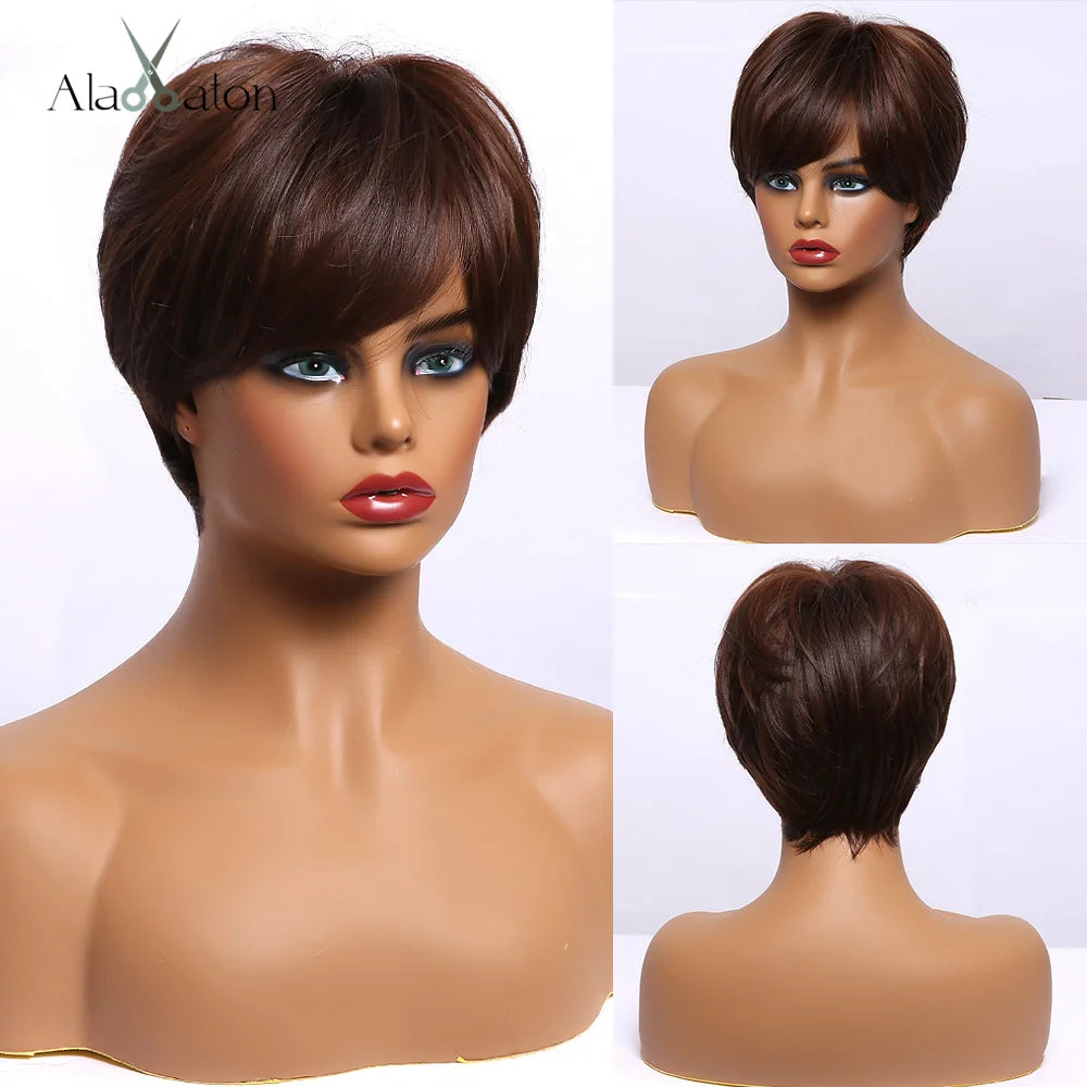 ALAN EATON Short Straight Ombre Brown Blonde Bob Wig With Bangs Synthetic Hair Wig for Women Cosplay Lolita Heat Resistant Fiber