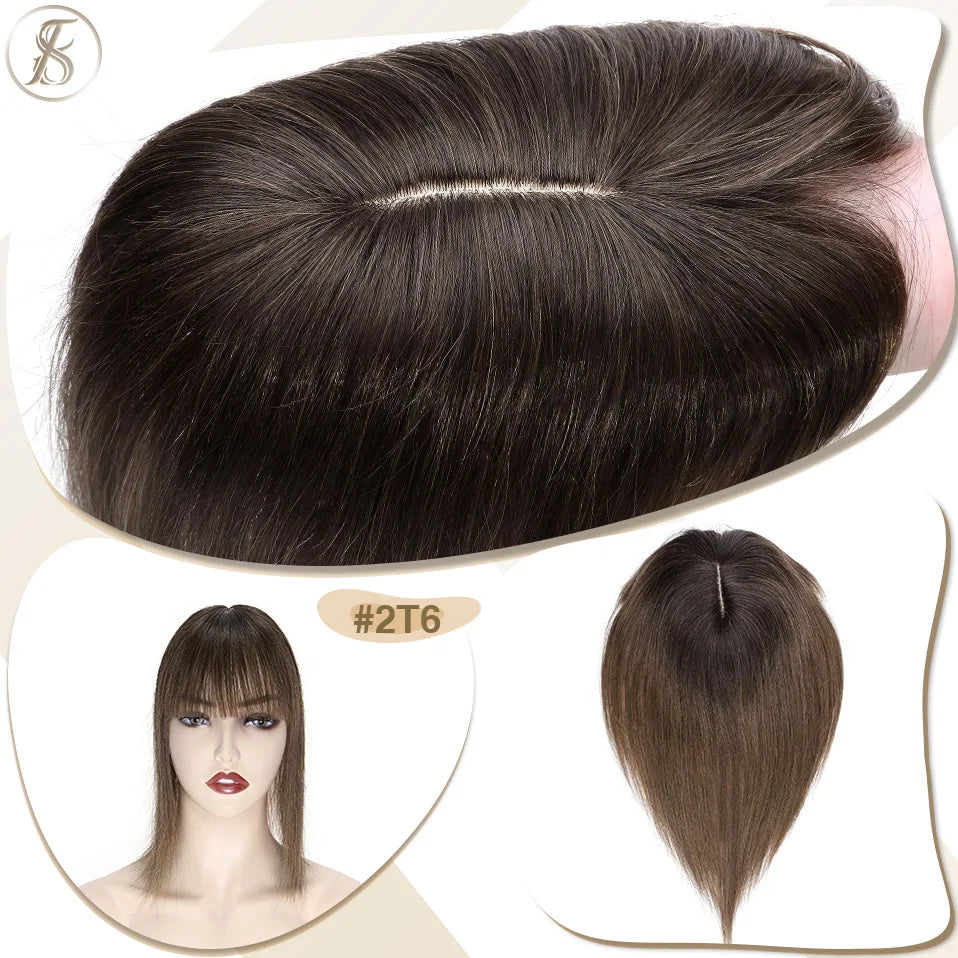 TESS Women Topper 7x12.5cm Hair Toppers With Bangs Hair Clips Natural Hair Wigs 100% Human Hair Silk Base Clip In Hair Extension