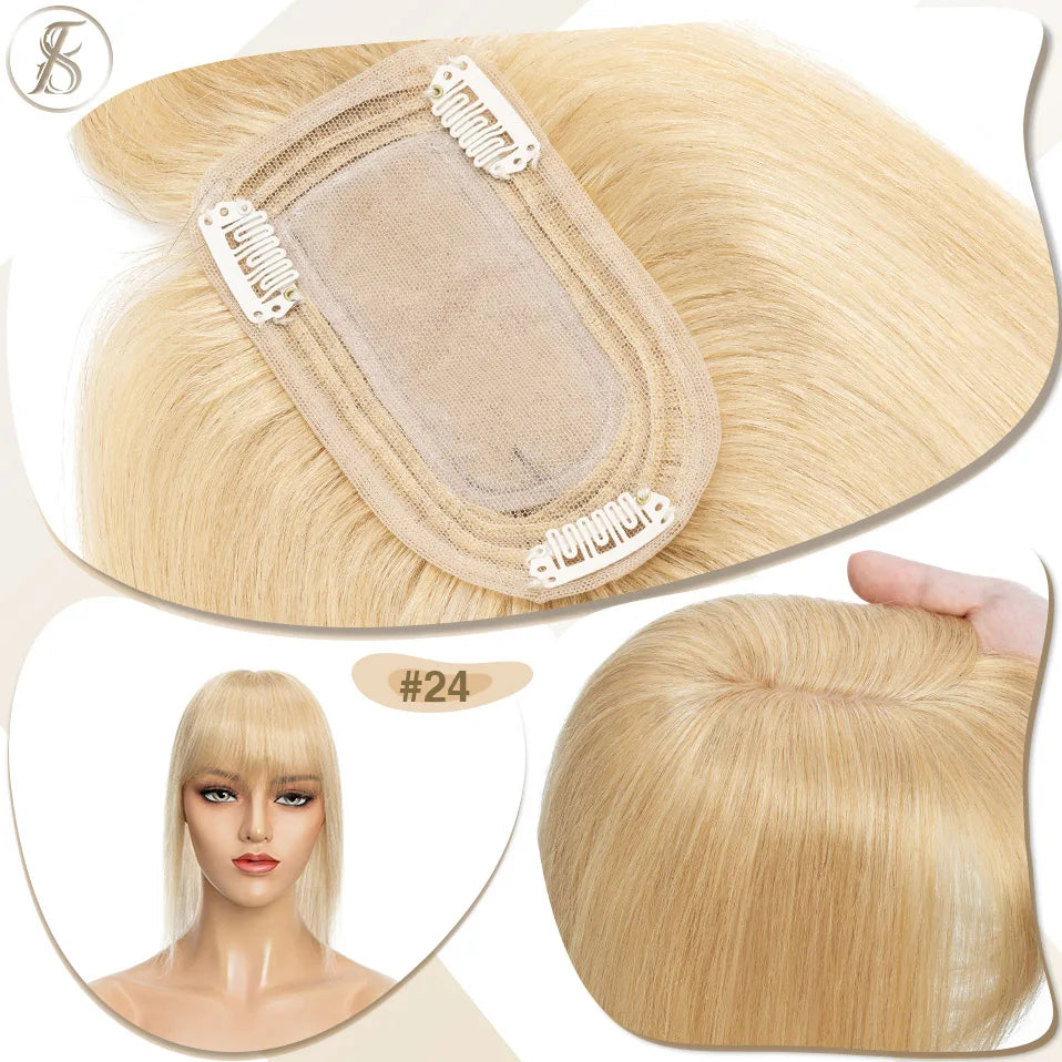 TESS Women Topper 7x12.5cm Hair Toppers With Bangs Hair Clips Natural Hair Wigs 100% Human Hair Silk Base Clip In Hair Extension