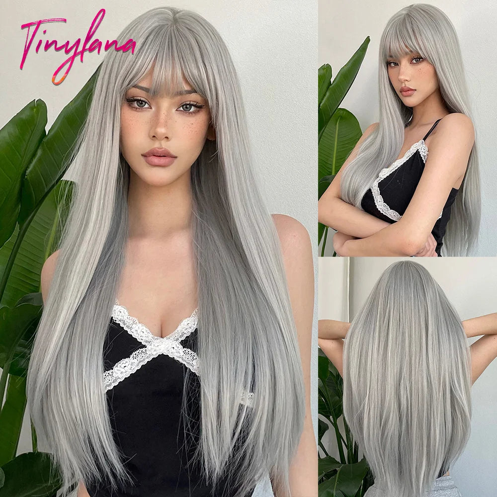 Ombre Gray Brown Synthetic Wigs Long Straight Ash Cosplay Wig with Bangs for Women Afro Natural Party Daily Heat Resistant Hair