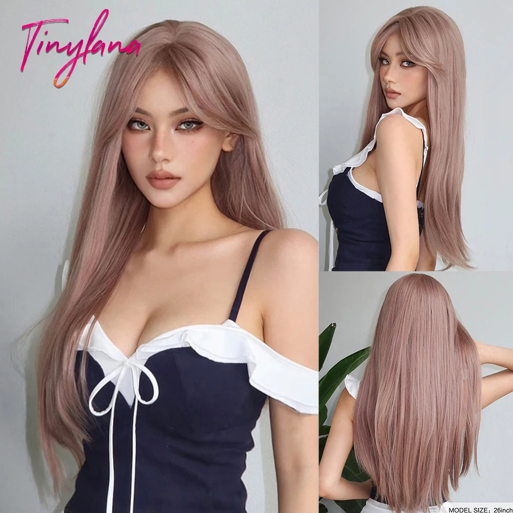 Light Pink Cosplay Long Straight Synthetic Wigs with Bangs Halloween Lolita Colorful Wig for Women Afro Natural Heat Resistant