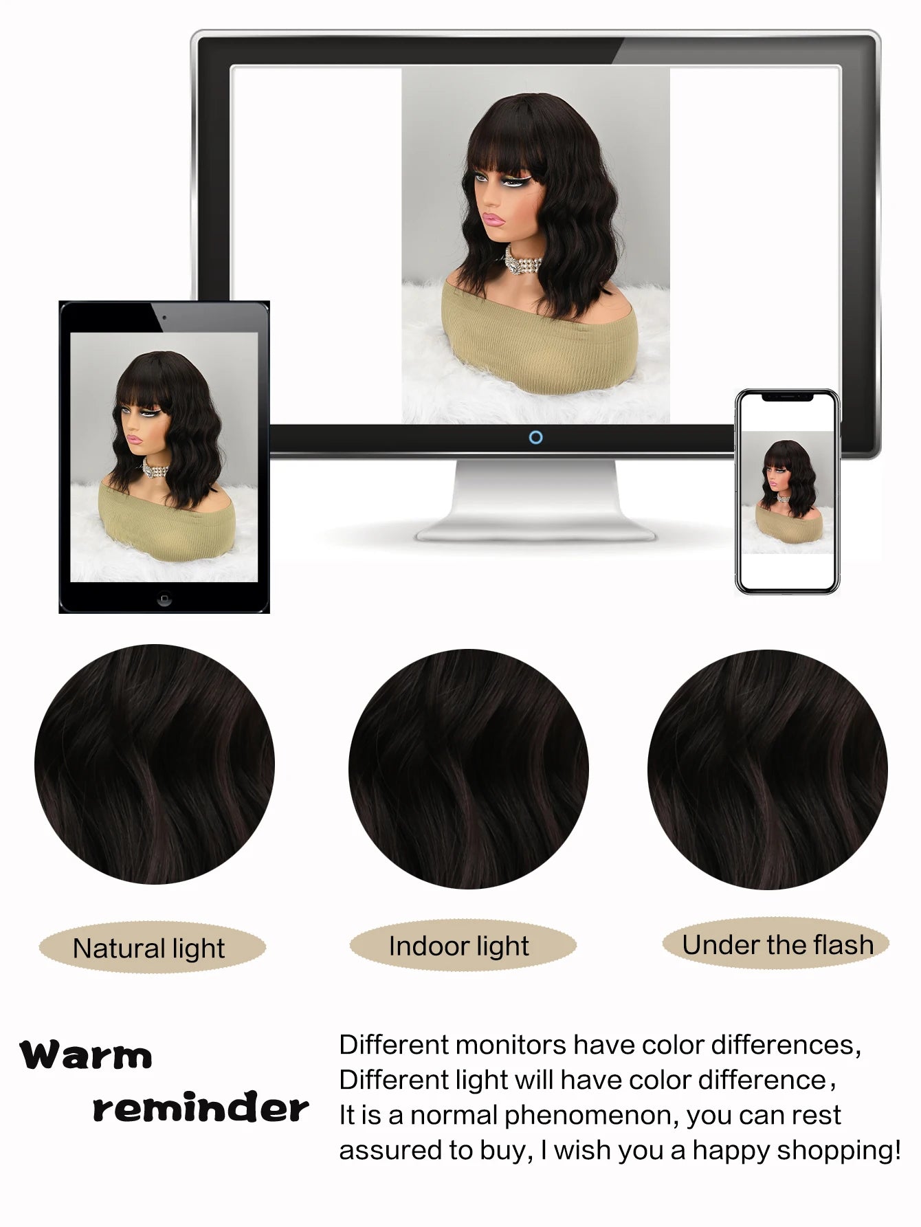 Natural Brown Synthetic Curly Wavy Bob Wig with Bangs for Women