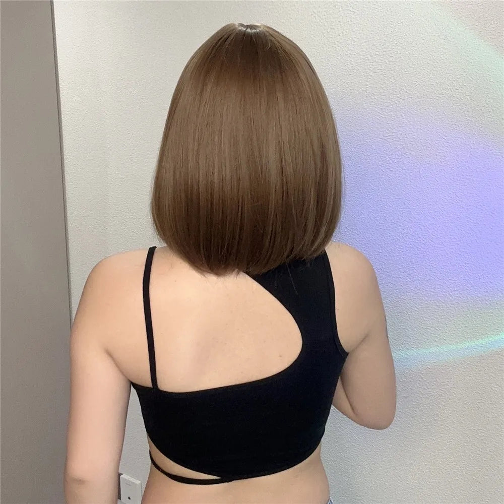 HENRY MARGU Brown Short Bob Straight Wigs with Pink Highlight Women Brown Daily Wig Synthetic Hair Wig with Bangs Heat Resistant