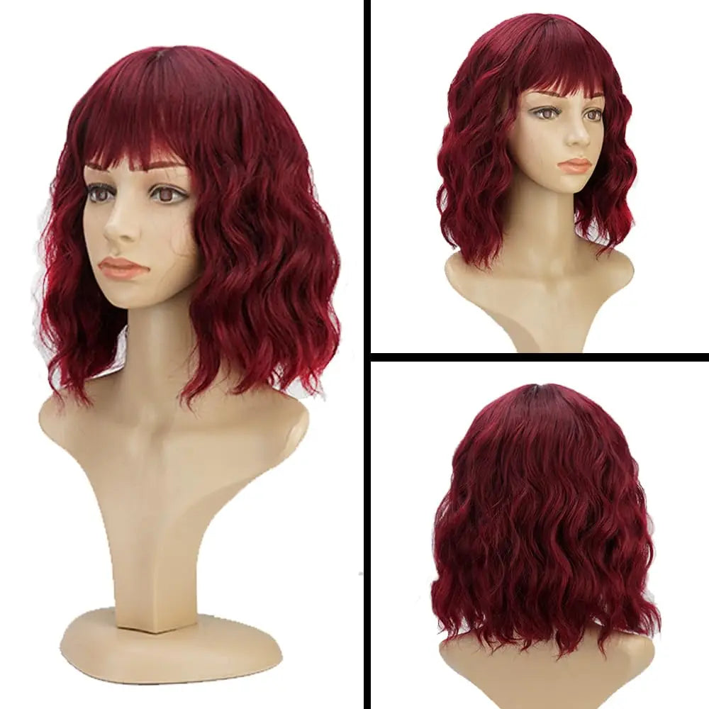 Natural Brown Synthetic Curly Wavy Bob Wig with Bangs for Women