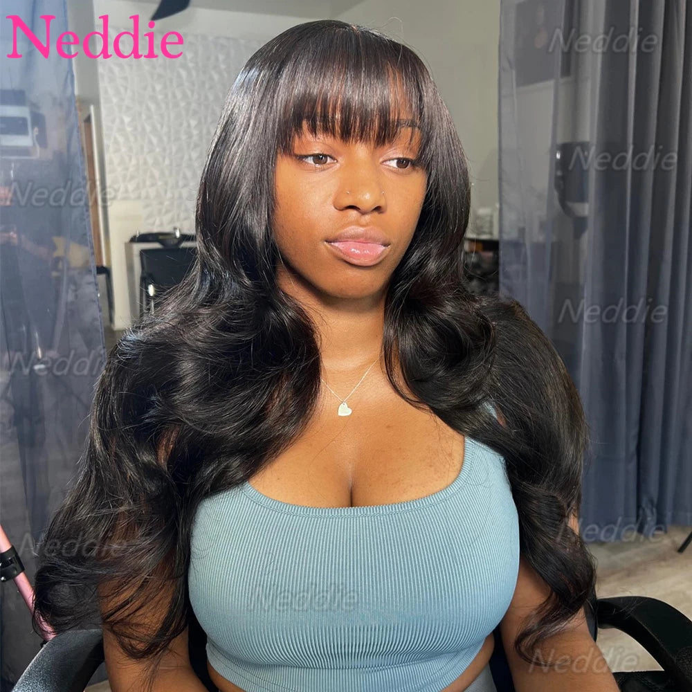 30 Inch Body Wave Human Hair Wigs With Bangs Full Machine Made Scalp Wig For Women Brazilian Remy Hair Fringe Bangs Wig 30 Inch