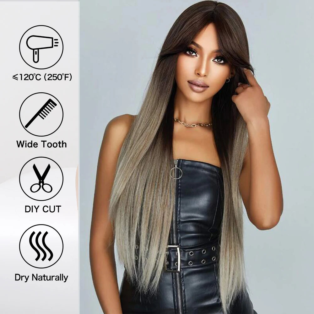 Ombre Gray Brown Synthetic Wigs Long Straight Ash Cosplay Wig with Bangs for Women Afro Natural Party Daily Heat Resistant Hair