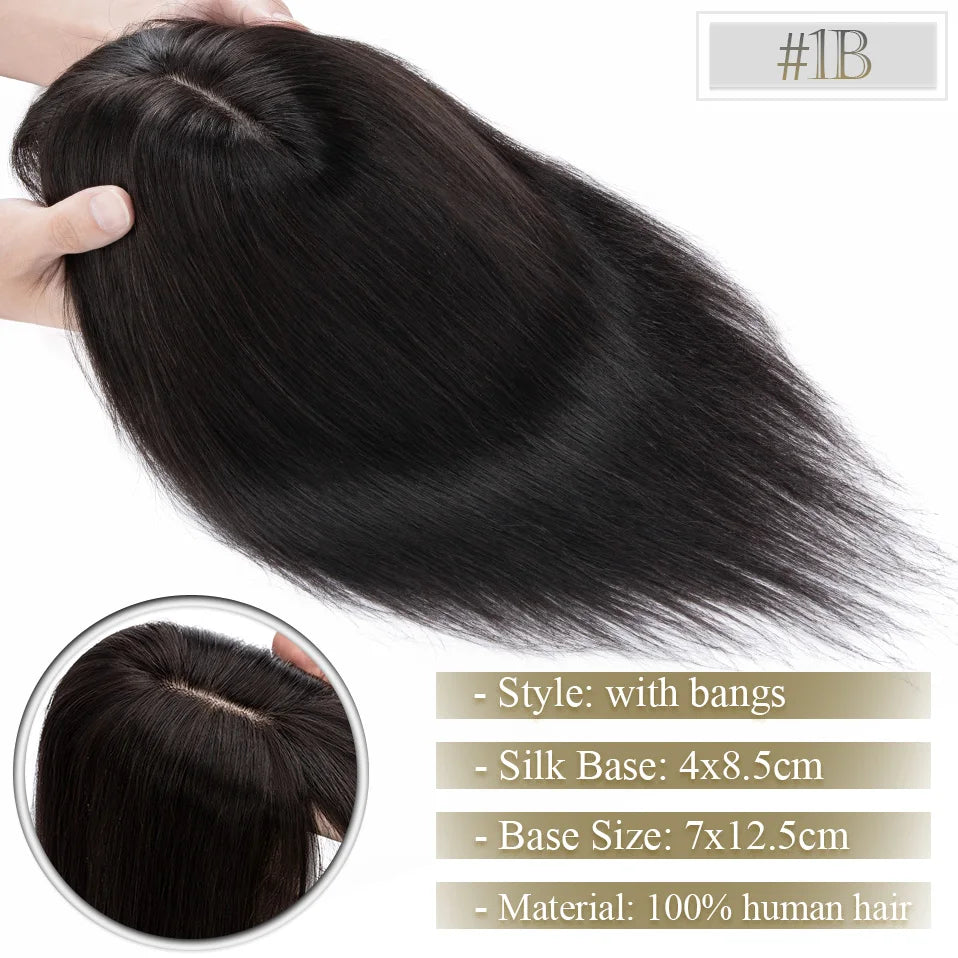 TESS Women Topper 7x12.5cm Hair Toppers With Bangs Natural Hair Wig Human Hair Silk Base Center Part Hair Clip In Hair Extension