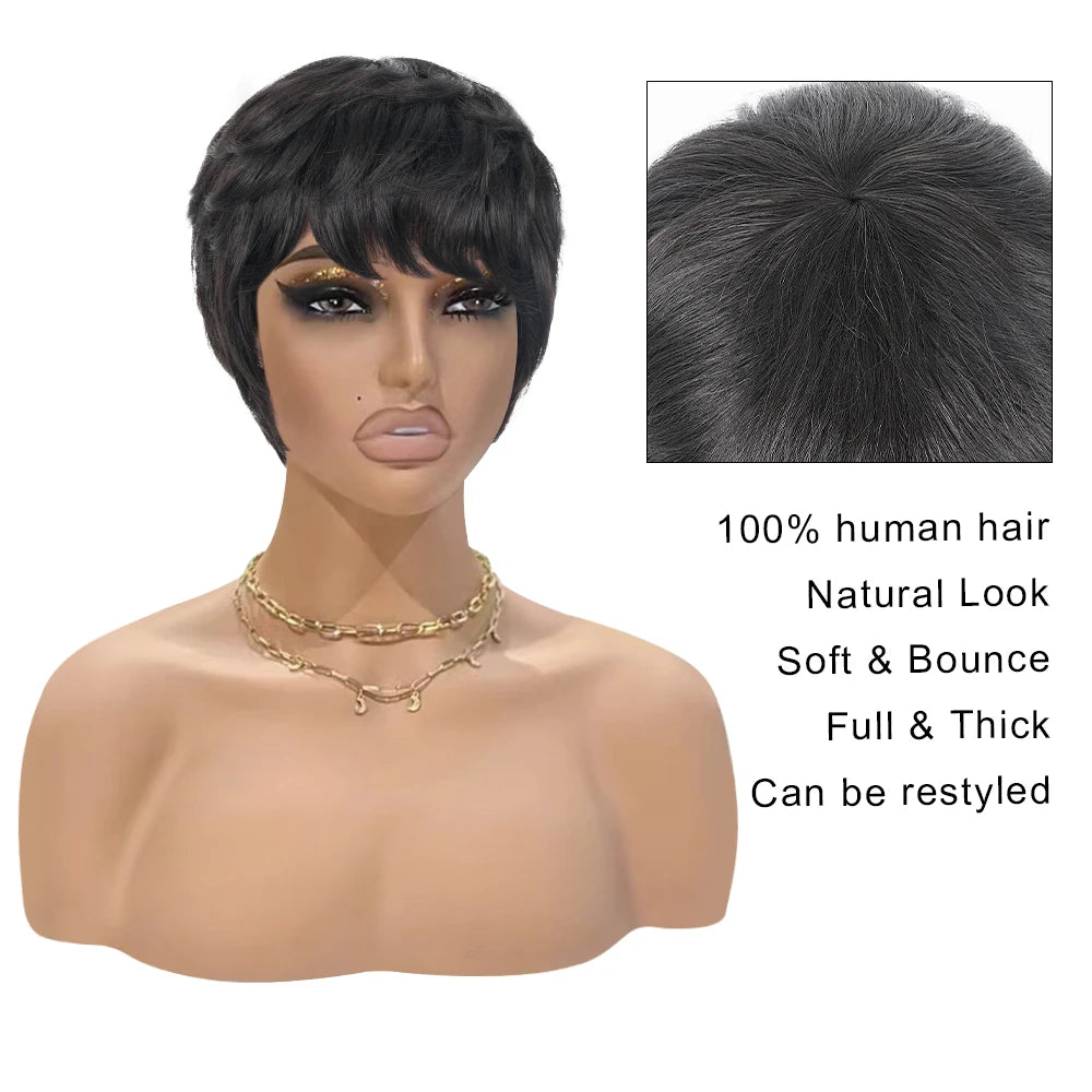 Layered Pixie Wig Human Hair For Black Women Full Machine Made Wigs With Bangs Short Bob Pixie Cut Brazilian Human Hair Wigs